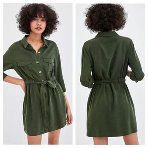 NWT Zara Army‎ Green Women's Lyocell Shirt Dress Sz M